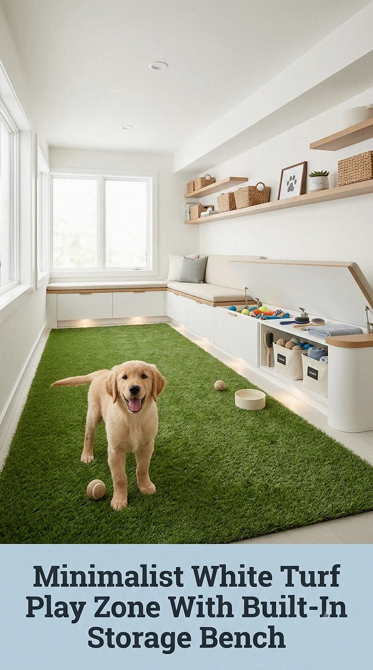 Minimalist White Turf Play Zone With Built-In Storage Bench