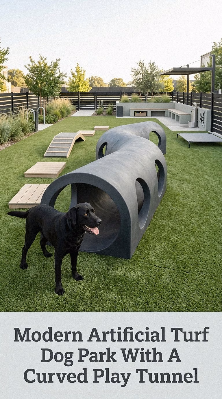 Modern Artificial Turf Dog Park With A Curved Play Tunnel