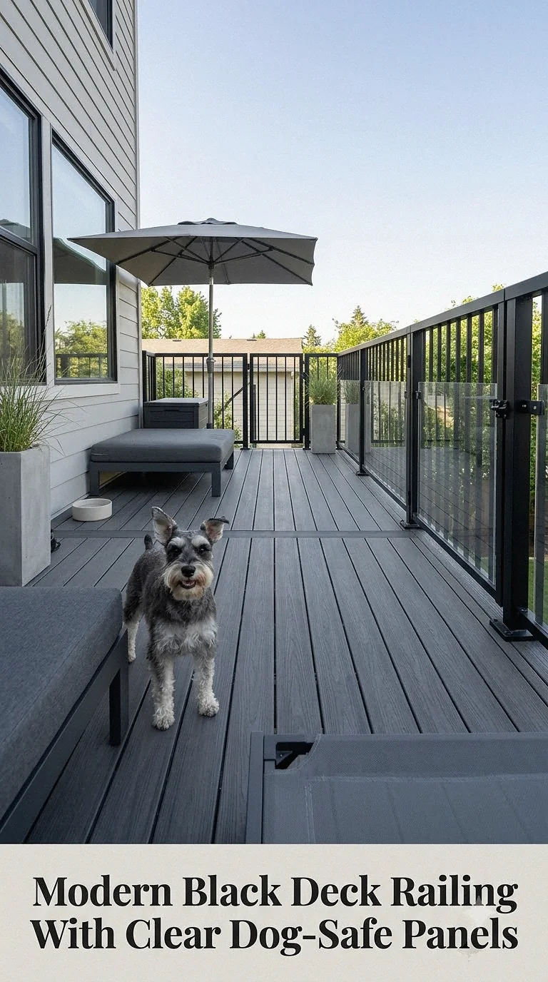 Modern Black Deck Railing With Clear Dog-Safe Panels