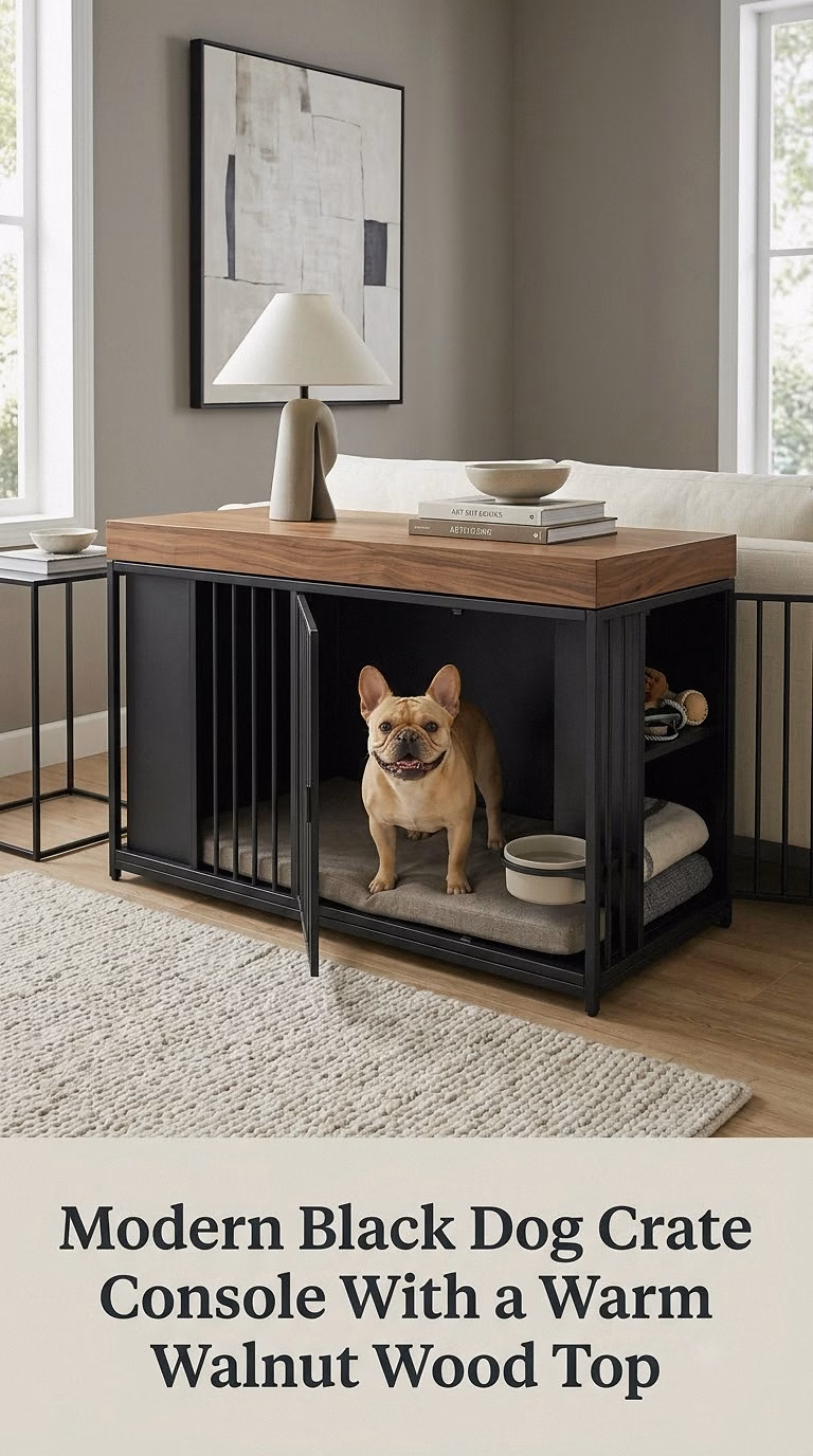 Modern Black Dog Crate Console With a Warm Walnut Wood Top