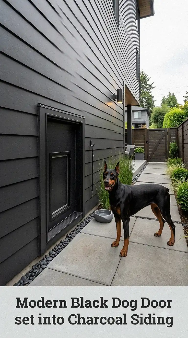 Modern Black Dog Door Set Into Charcoal Siding