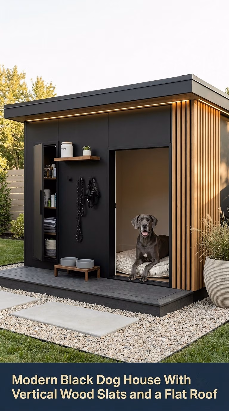 2. Modern Black Dog House With Vertical Wood Slats and a Flat Roof