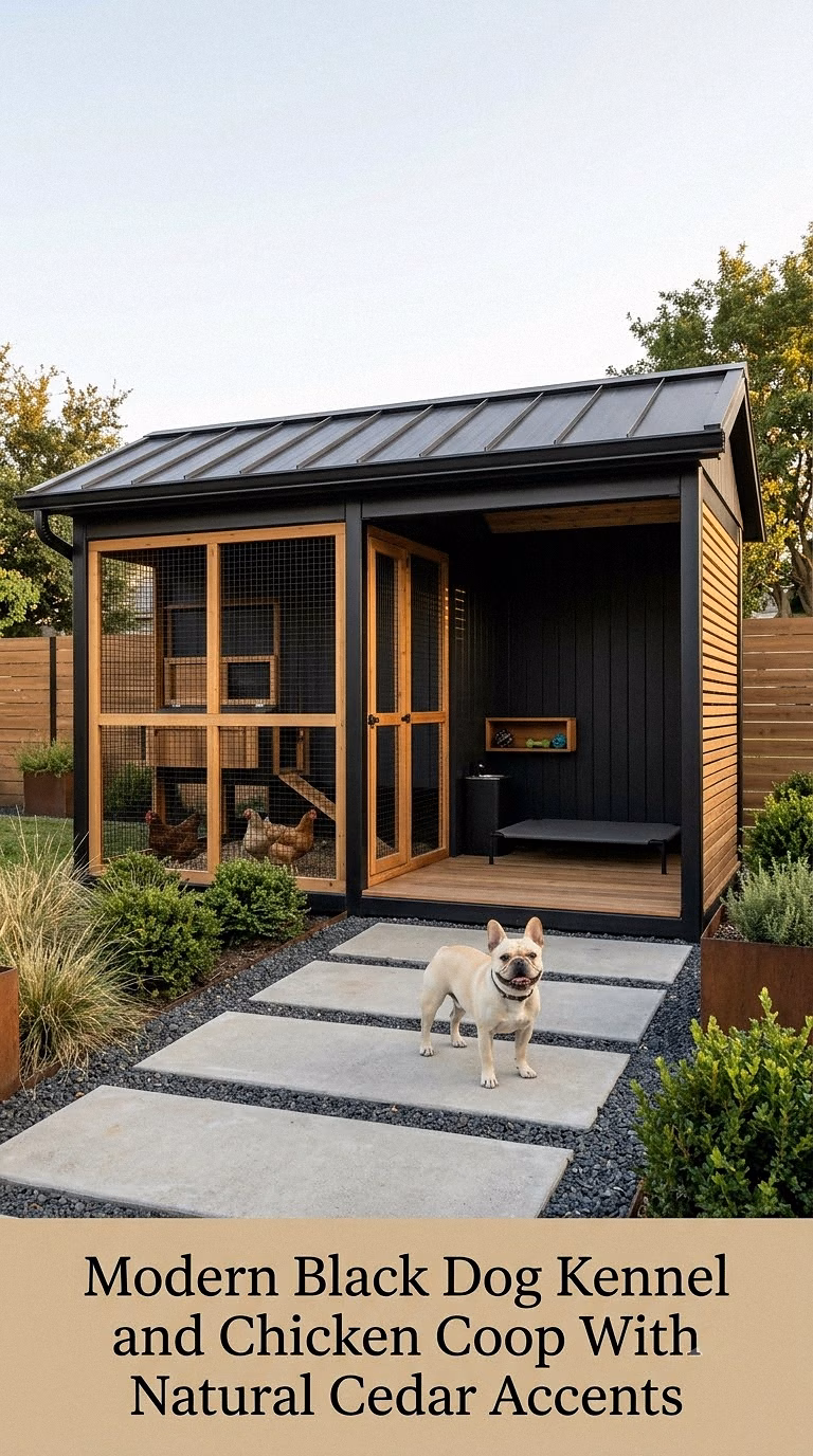 Modern Black Dog Kennel and Chicken Coop With Natural Cedar Accents