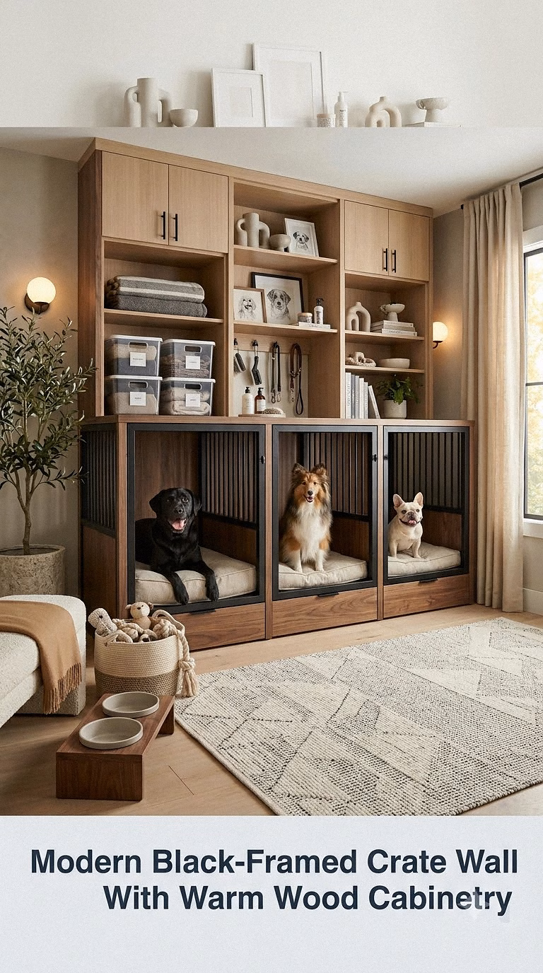 2. Modern Black-Framed Crate Wall With Warm Wood Cabinetry