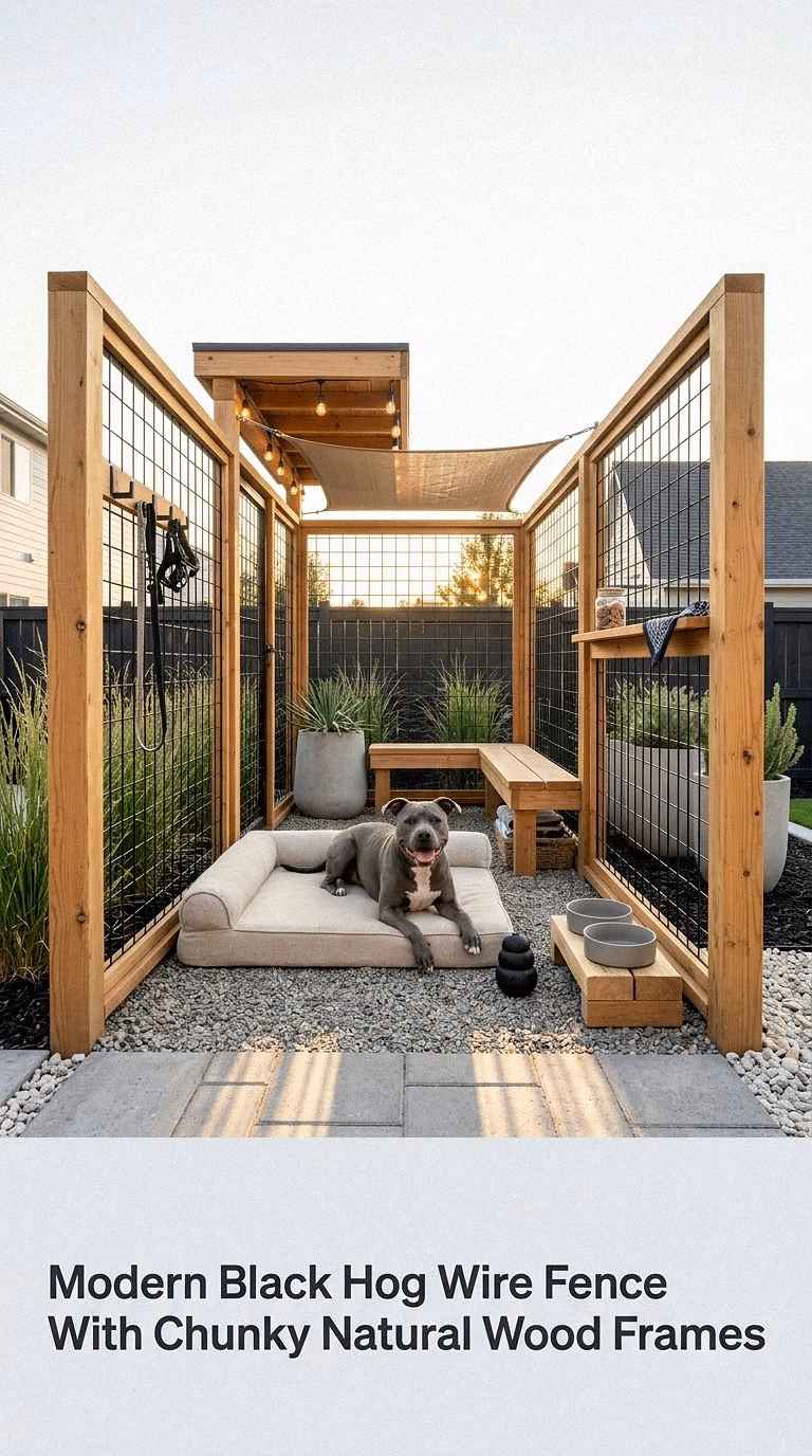 2. Modern Black Hog Wire Fence With Chunky Natural Wood Frames