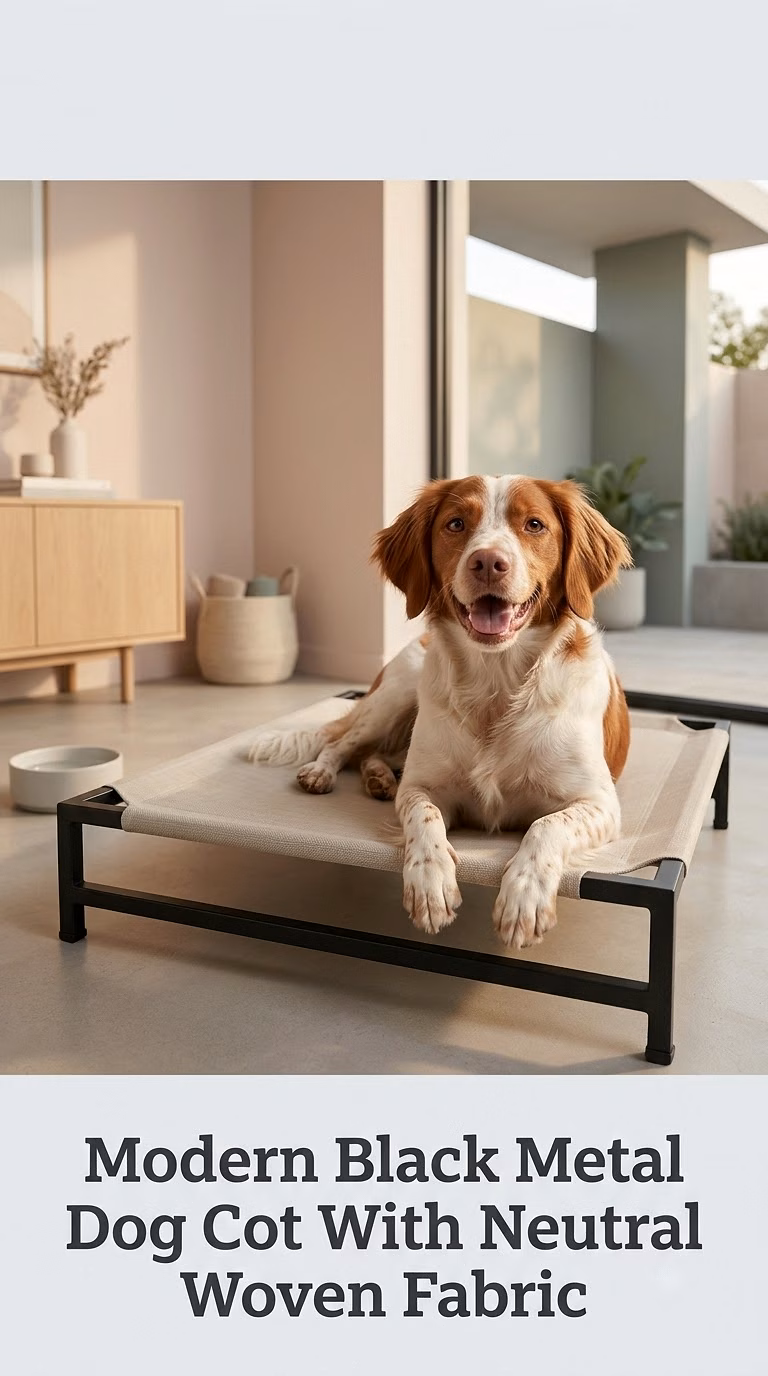 Modern Black Metal Dog Cot With Neutral Woven Fabric