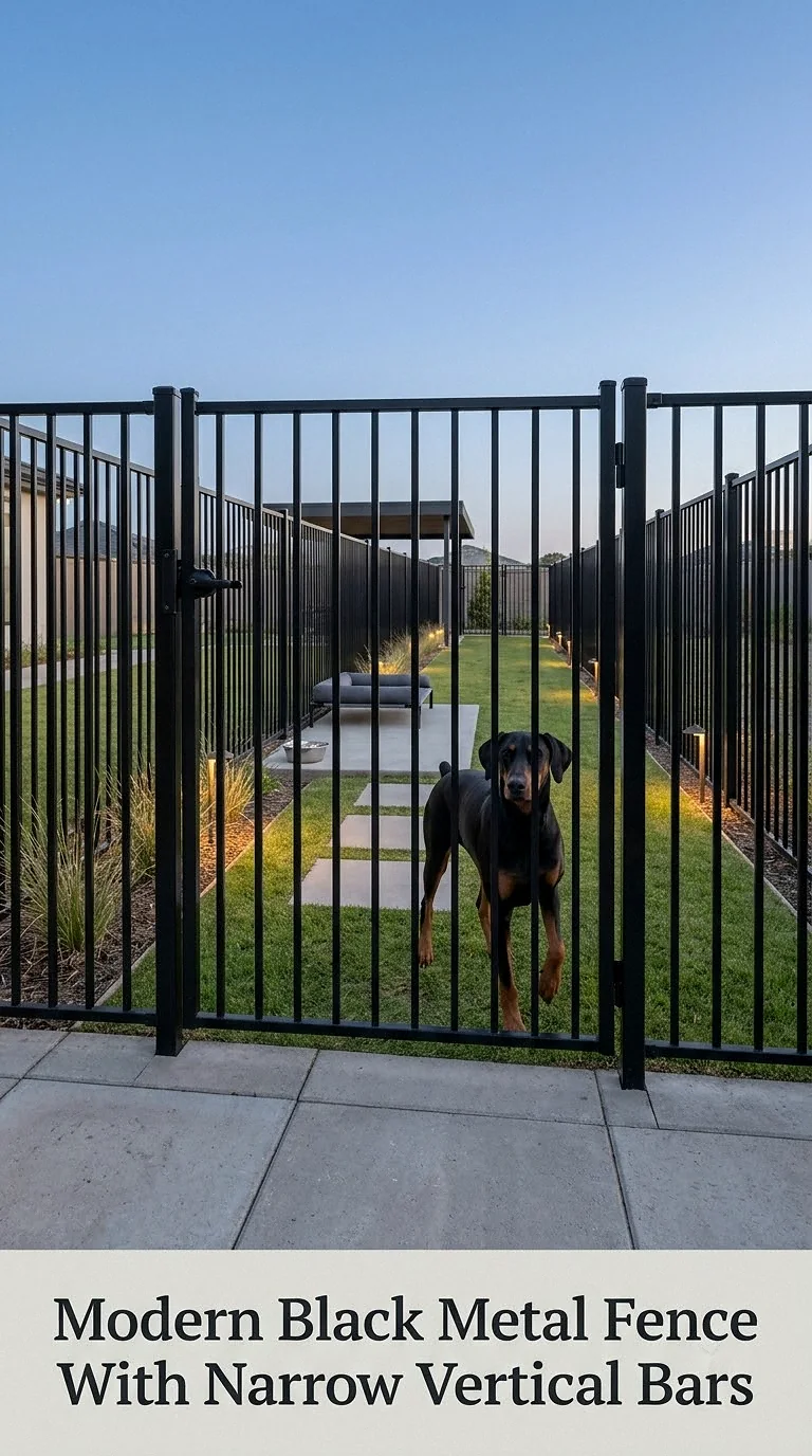 Modern Black Metal Fence With Narrow Vertical Bars