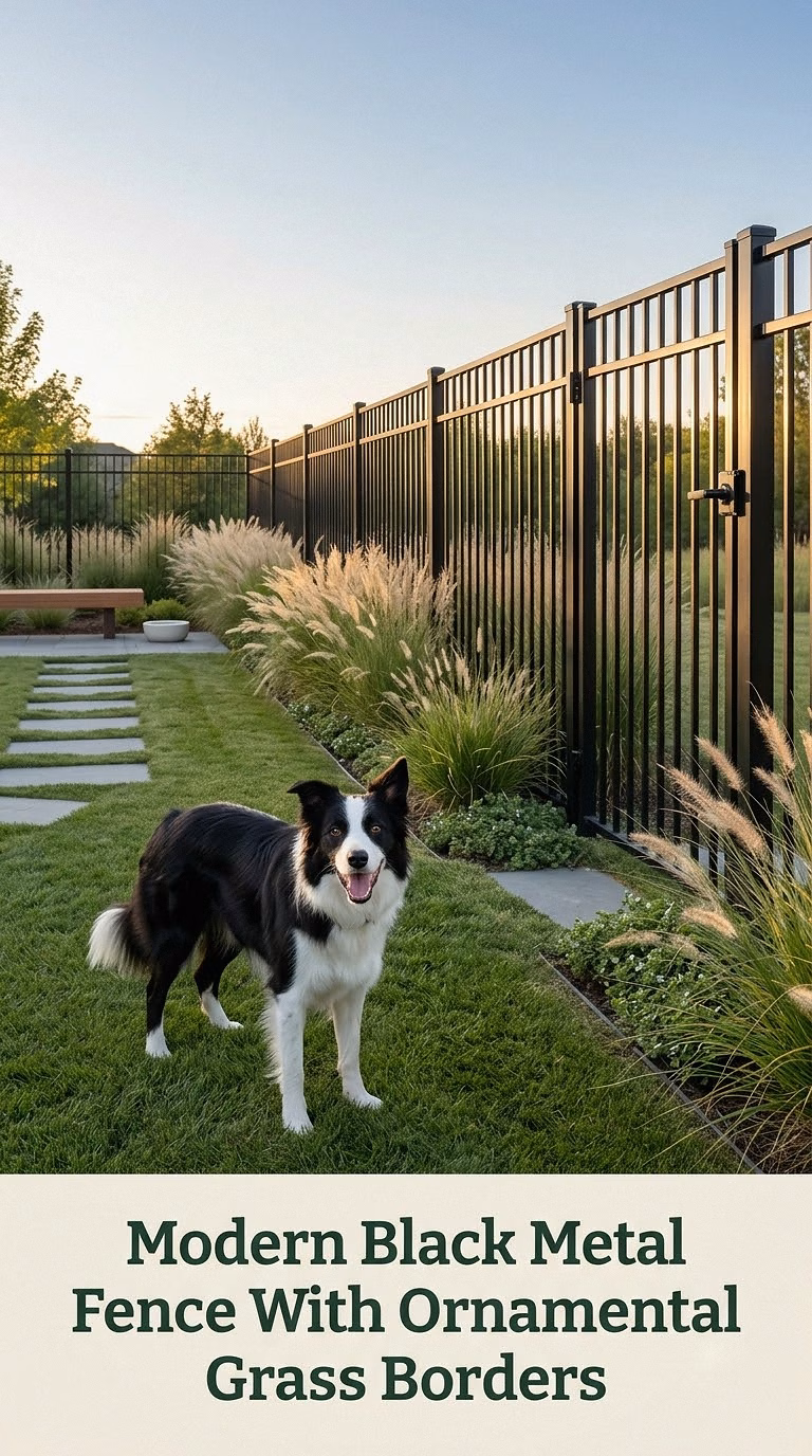 Modern Black Metal Fence With Ornamental Grass Borders