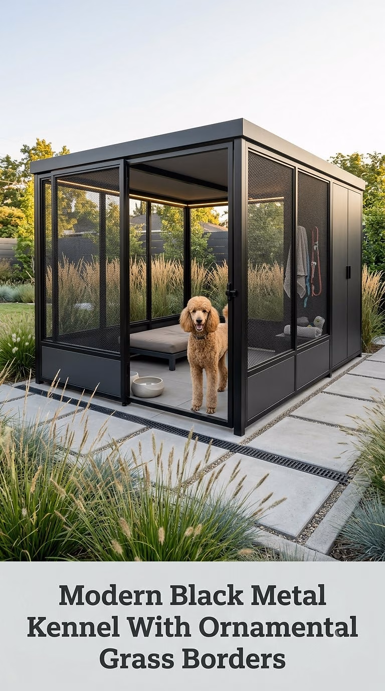 Modern Black Metal Kennel With Ornamental Grass Borders