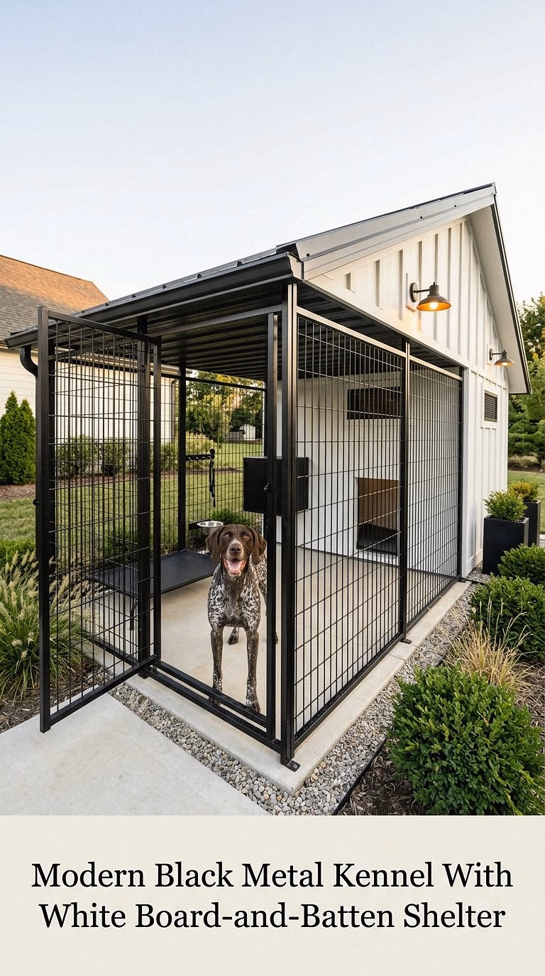 Modern Black Metal Kennel With White Board-and-Batten Shelter