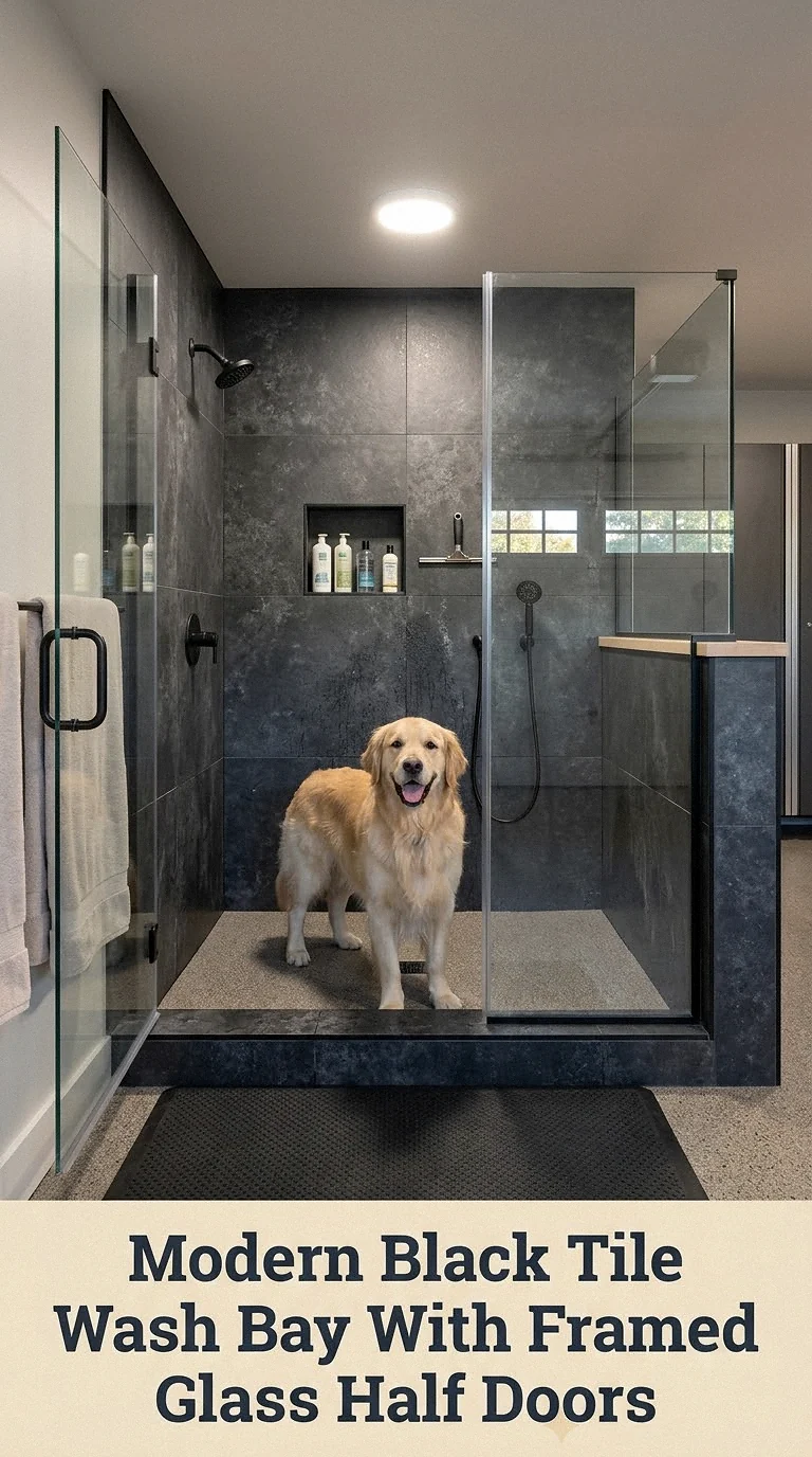 Modern Black Tile Wash Bay With Framed Glass Half Doors