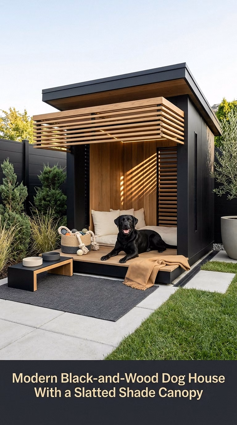 2. Modern Black-and-Wood Dog House With a Slatted Shade Canopy