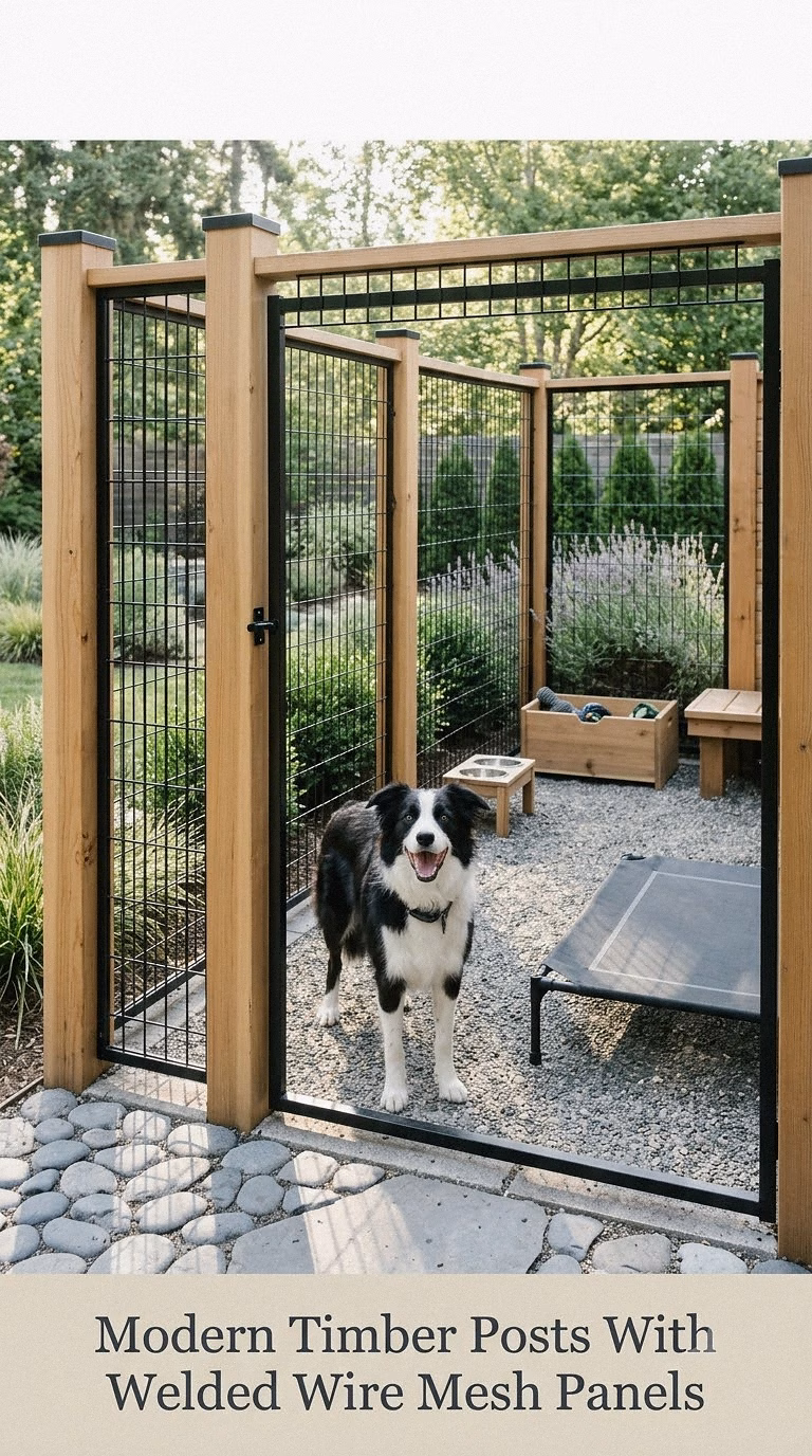 Modern Timber Posts With Welded Wire Mesh Panels