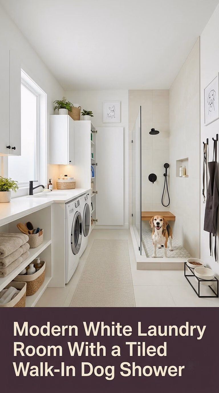2. Modern White Laundry Room With a Tiled Walk-In Dog Shower