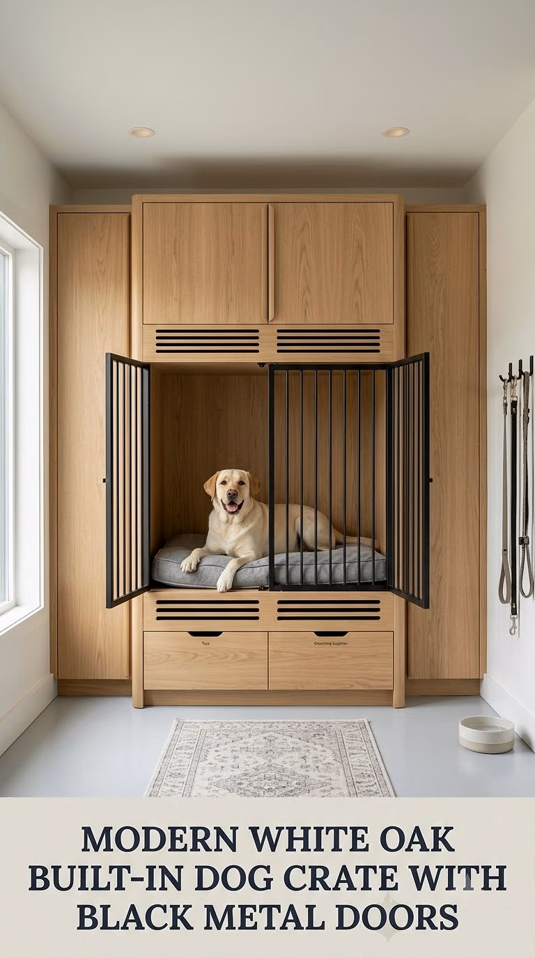 Modern White Oak Built-In Dog Crate With Black Metal Doors