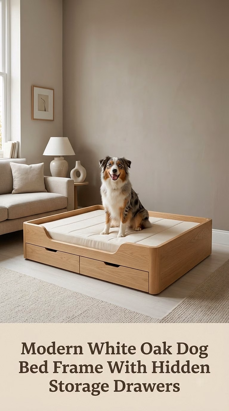 Modern White Oak Dog Bed Frame With Hidden Storage Drawers