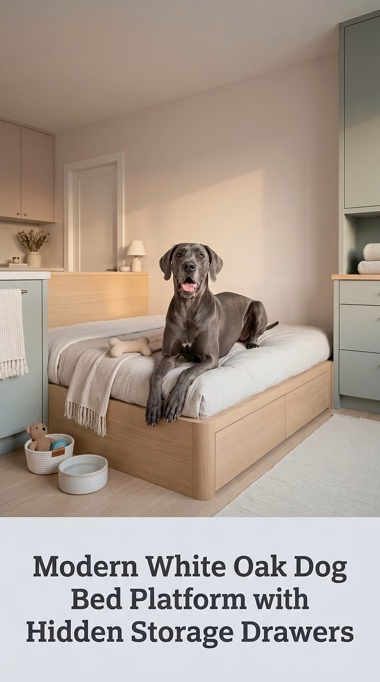 Modern White Oak Dog Bed Platform With Hidden Storage Drawers