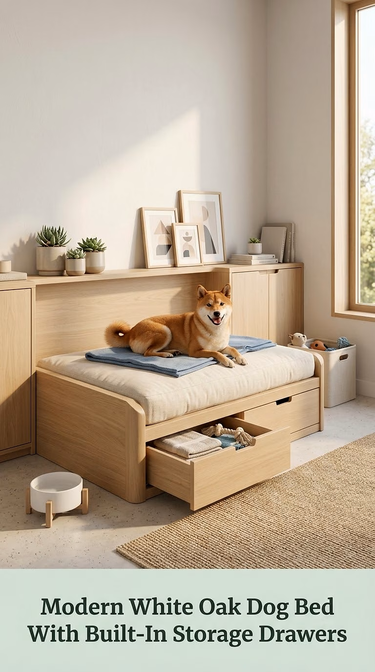 Modern White Oak Dog Bed With Built-In Storage Drawers