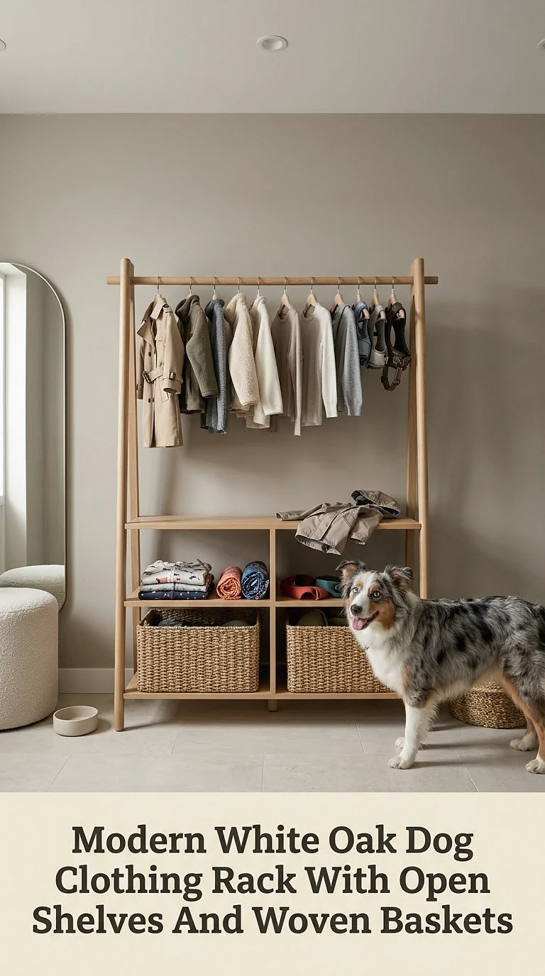 Modern White Oak Dog Clothing Rack With Open Shelves And Woven Baskets