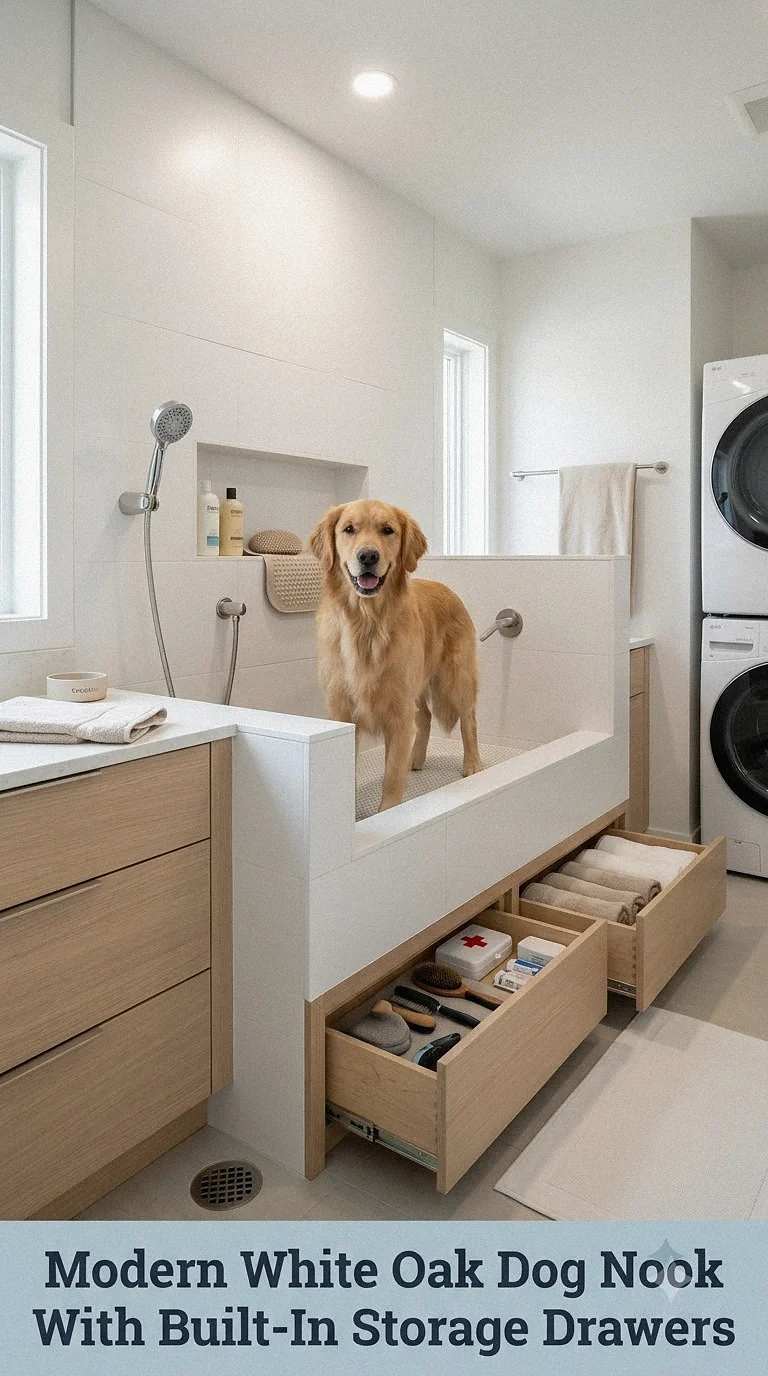 Modern White Oak Dog Nook With Built-In Storage Drawers