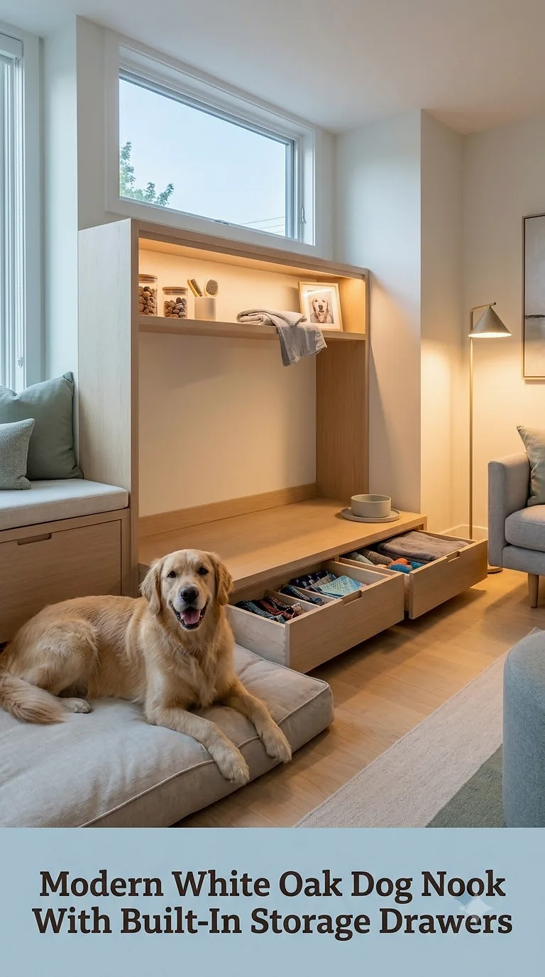 Modern White Oak Dog Nook With Built-In Storage Drawers