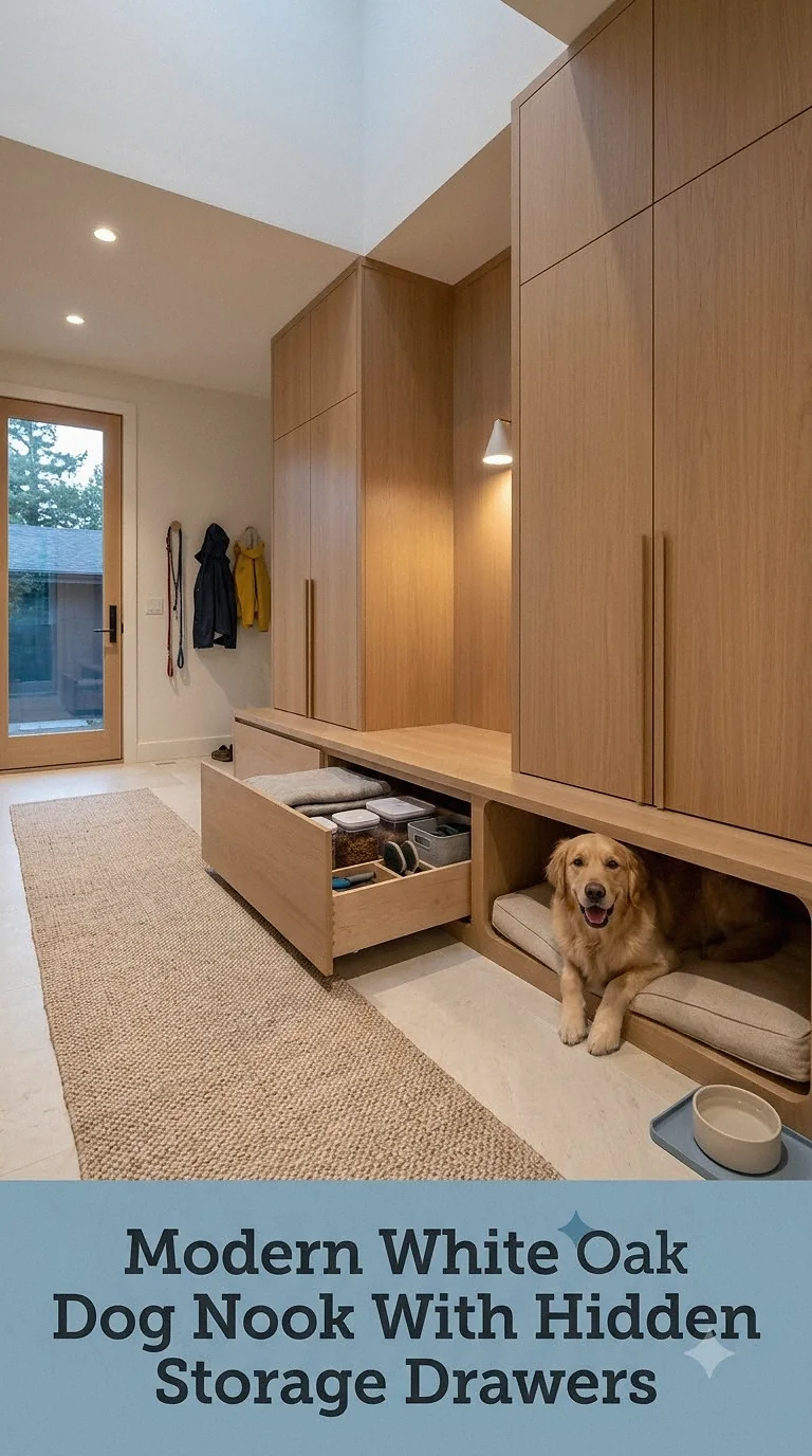 Modern White Oak Dog Nook With Hidden Storage Drawers