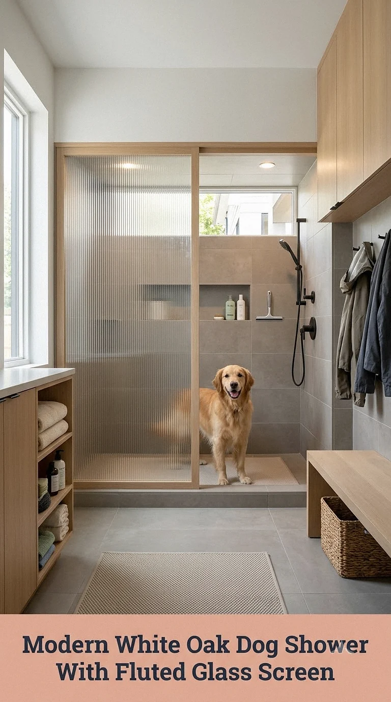 Modern White Oak Dog Shower With Fluted Glass Screen