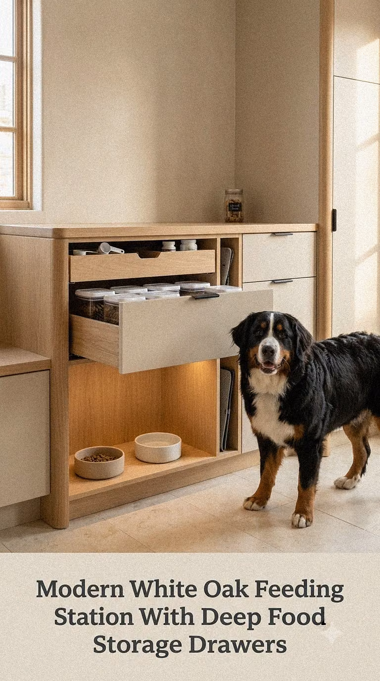 Modern White Oak Feeding Station With Deep Food Storage Drawers