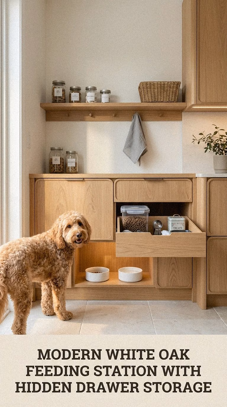 Modern White Oak Feeding Station With Hidden Drawer Storage