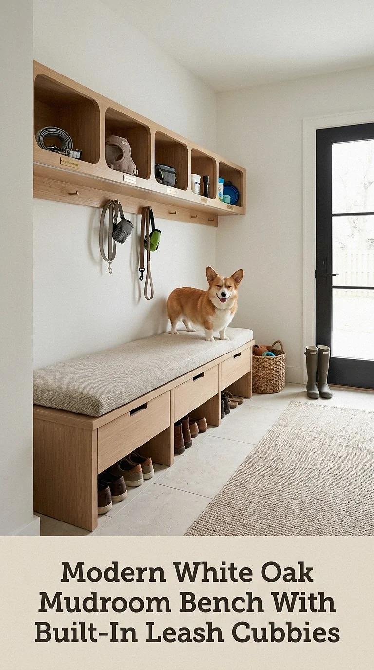 Modern White Oak Mudroom Bench With Built-In Leash Cubbies