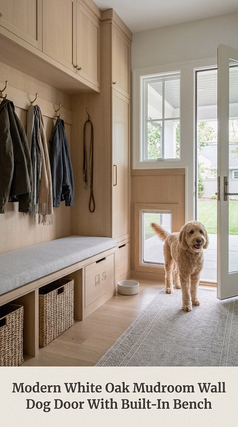 Modern White Oak Mudroom Wall Dog Door With Built-In Bench