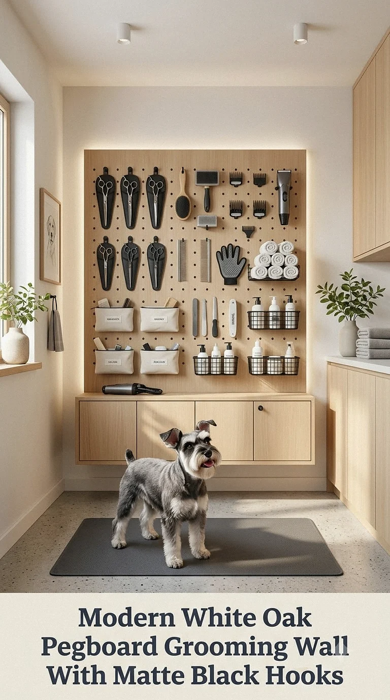 Modern White Oak Pegboard Grooming Wall With Matte Black Hooks