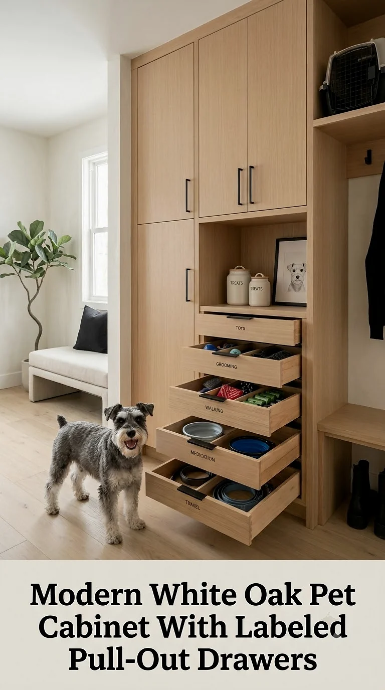 Modern White Oak Pet Cabinet With Labeled Pull-Out Drawers