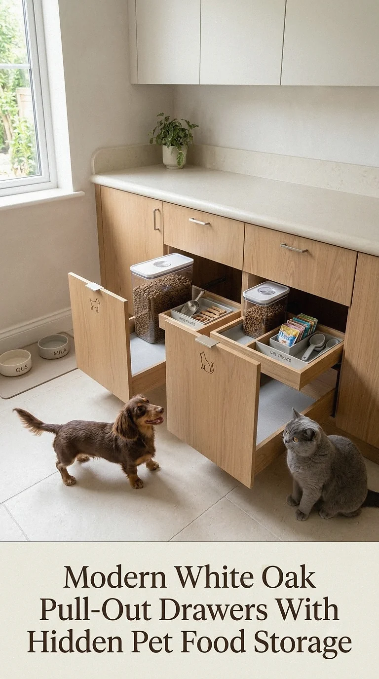 Modern White Oak Pull-Out Drawers With Hidden Pet Food Storage