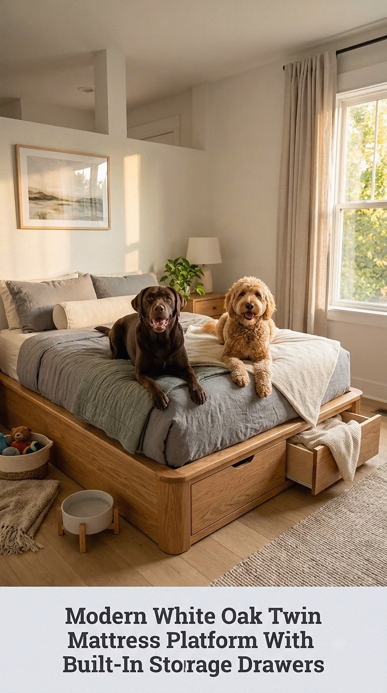 Modern White Oak Twin Mattress Platform With Built-In Storage Drawers