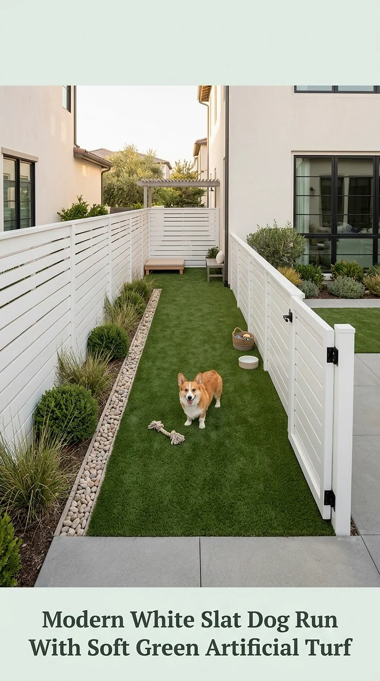 Modern White Slat Dog Run With Soft Green Artificial Turf