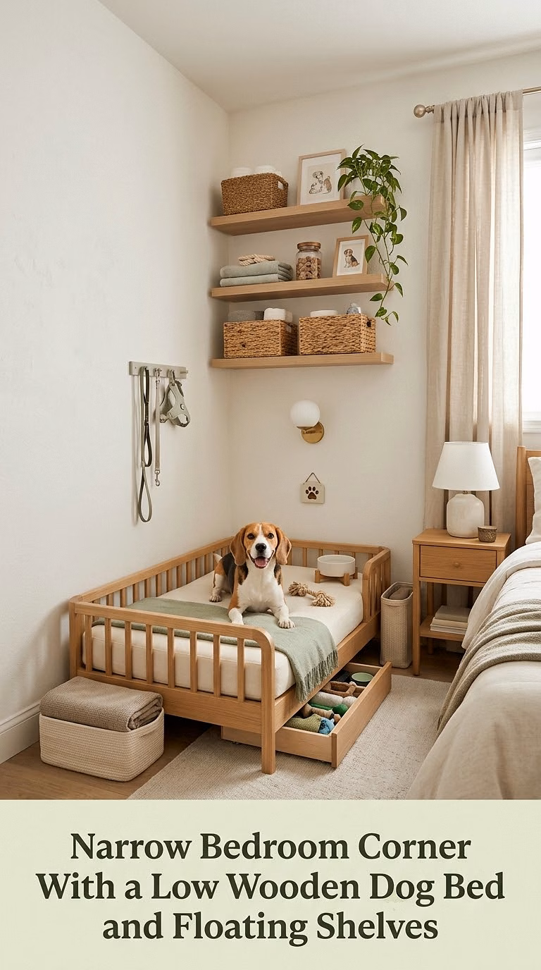 2. Narrow Bedroom Corner With a Low Wooden Dog Bed and Floating Shelves