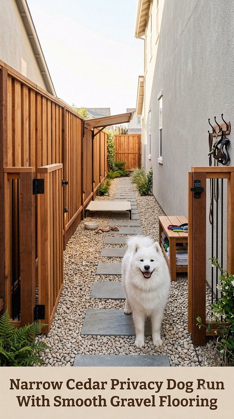 Narrow Cedar Privacy Dog Run With Smooth Gravel Flooring