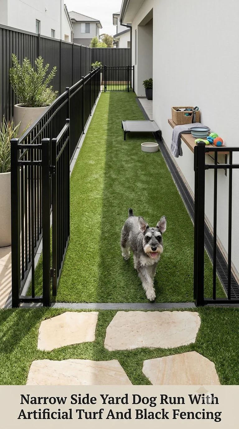 Narrow Side Yard Dog Run With Artificial Turf And Black Fencing