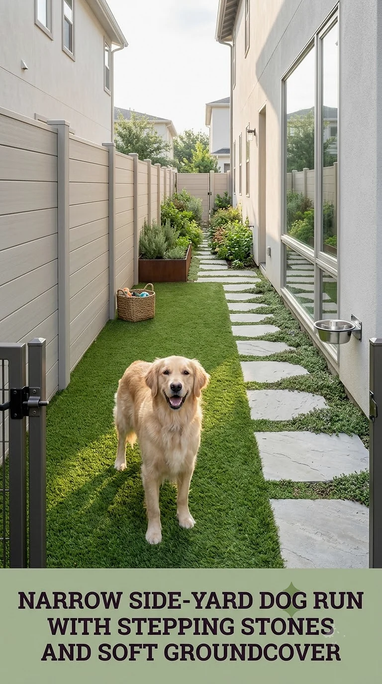 Narrow Side-Yard Dog Run With Stepping Stones And Soft Groundcover