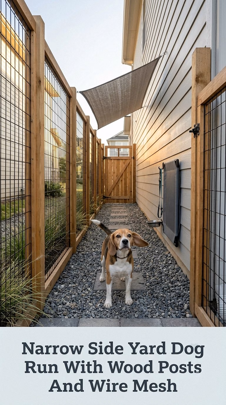 Narrow Side Yard Dog Run With Wood Posts And Wire Mesh