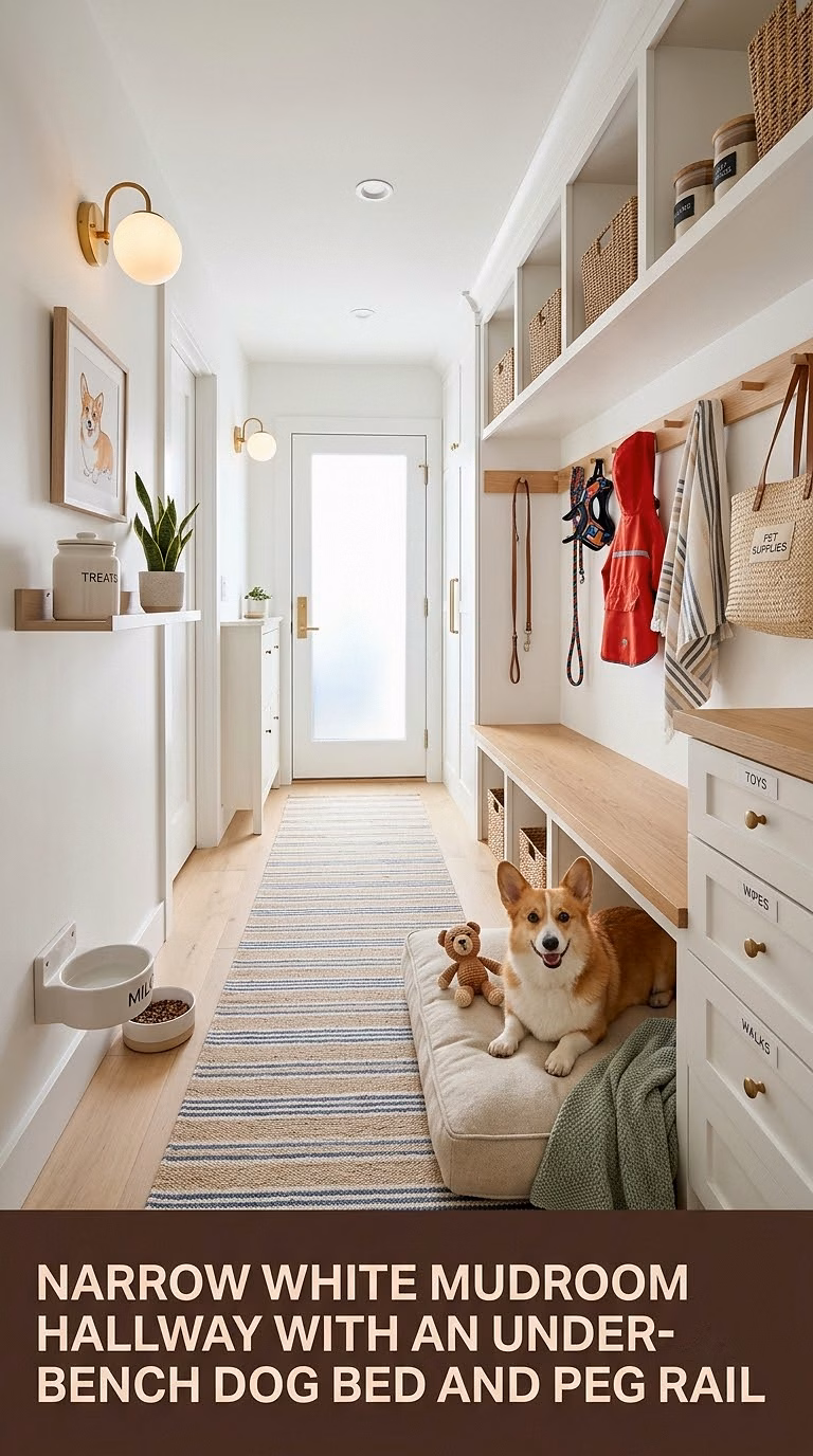 Narrow White Mudroom Hallway With an Under-Bench Dog Bed and Peg Rail