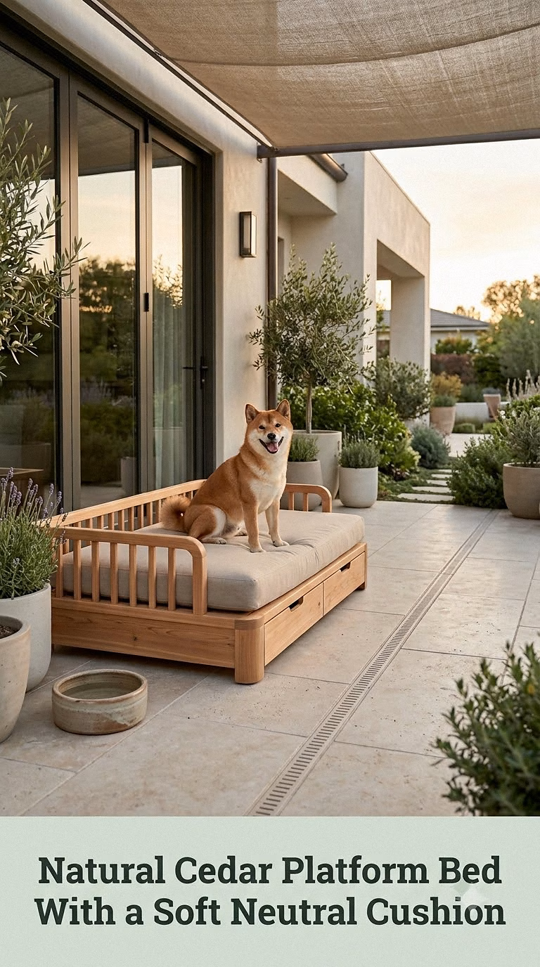 Natural Cedar Platform Bed With a Soft Neutral Cushion