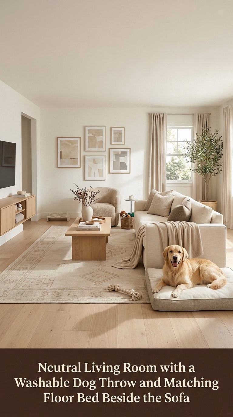 2. Neutral Living Room with a Washable Dog Throw and Matching Floor Bed Beside the Sofa