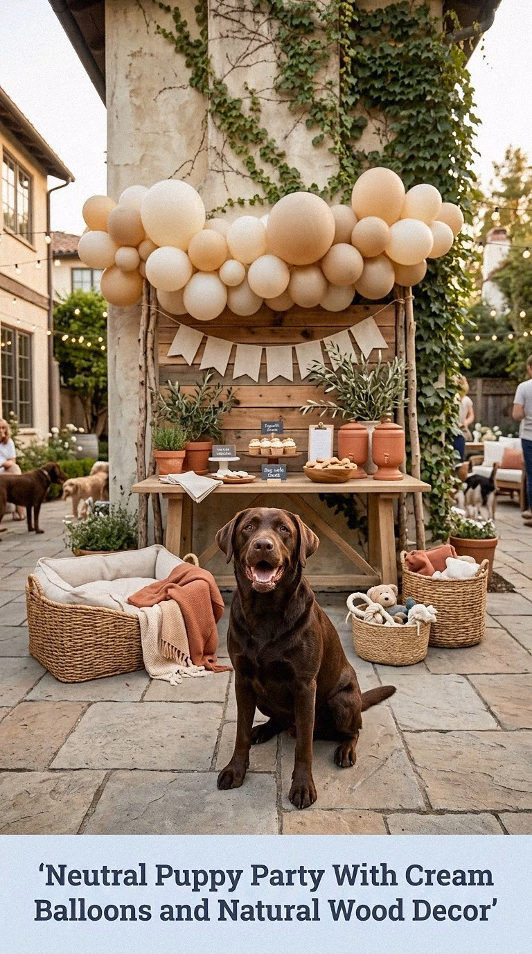Neutral Puppy Party With Cream Balloons and Natural Wood Decor