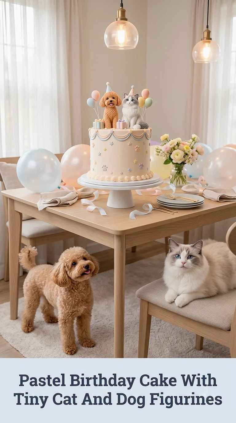 Pastel Birthday Cake With Tiny Cat And Dog Figurines