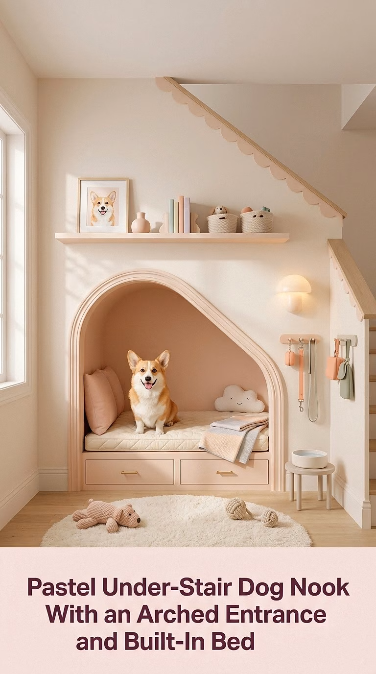 2. Pastel Under-Stair Dog Nook With an Arched Entrance and Built-In Bed