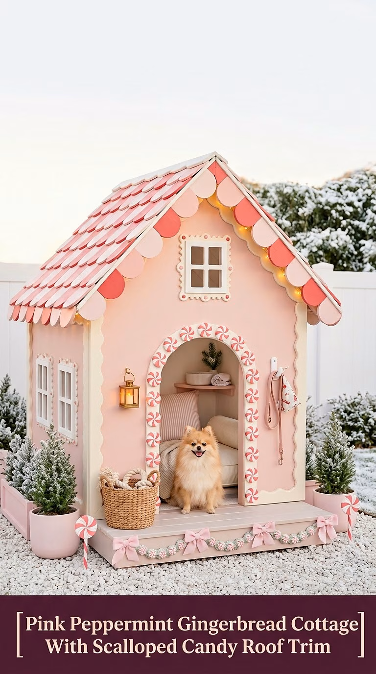 Pink Peppermint Gingerbread Cottage With Scalloped Candy Roof Trim