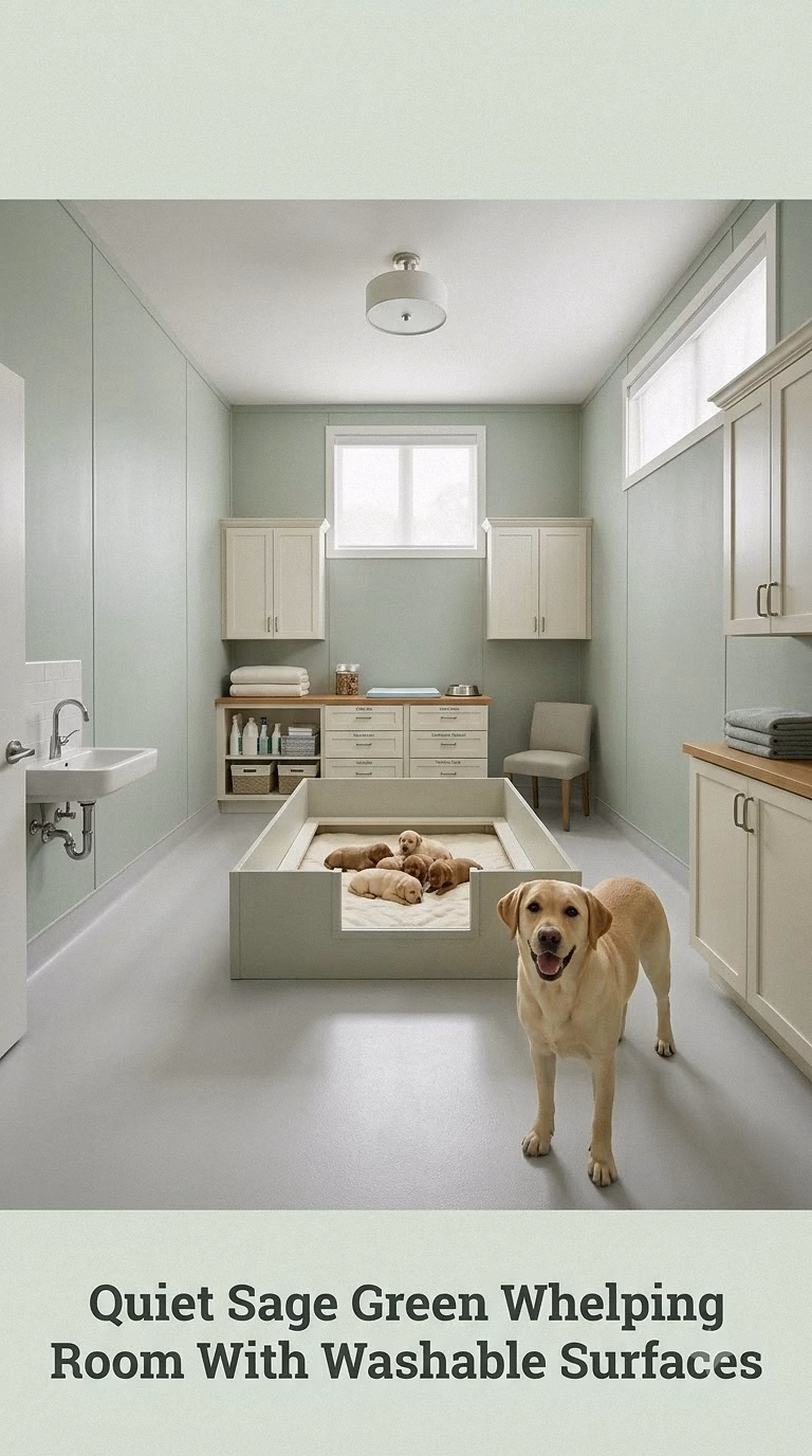 Quiet Sage Green Whelping Room With Washable Surfaces