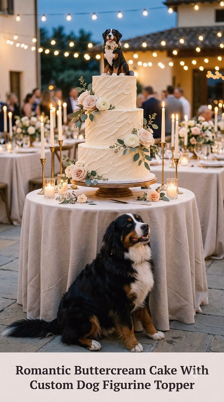 Romantic Buttercream Cake With Custom Dog Figurine Topper